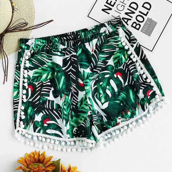 Pants - Palm Leaf Print Dry Wick Pom Shorts Summer Beach